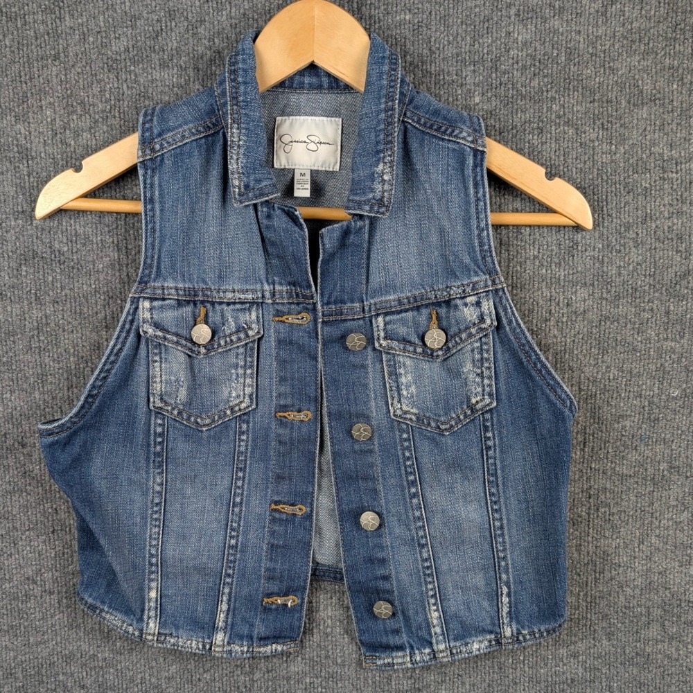Jessica Simpson Womens Denim Vest M Blue Jean Western Y2k Cowgirl Boho